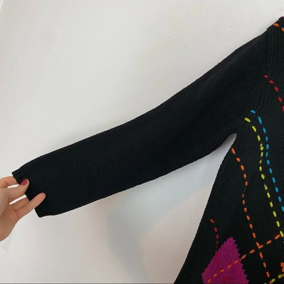 Vintage 90s Argyle Pullover Sweater Mockneck Oversized Womens Size Medium Black - Picture 5 of 16